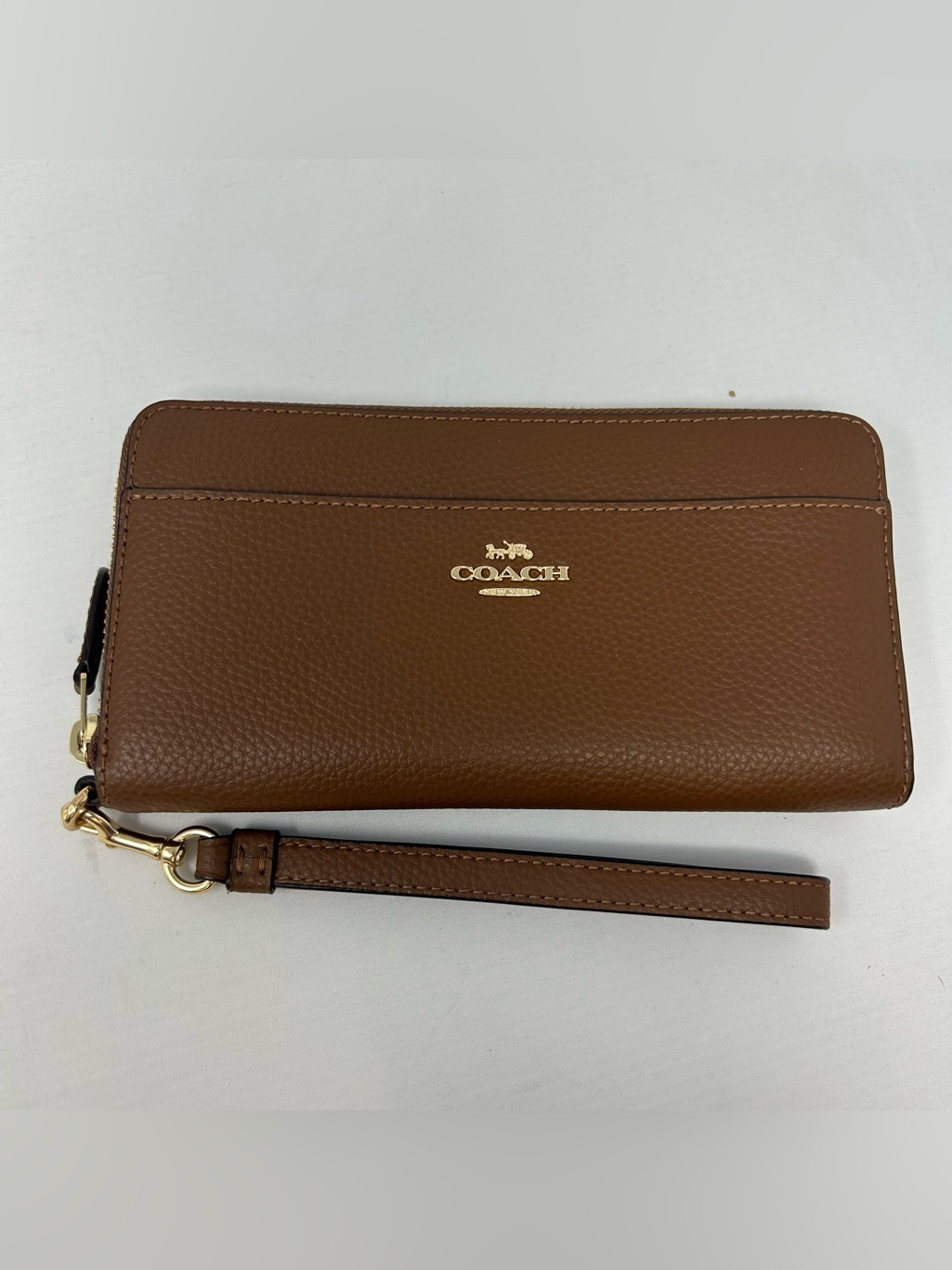 Coach Pebbled Leather Accordion Zip Wallet With Wristlet Strap Brown